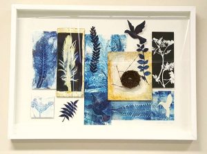 Framed artwork witj three dimensional leaves, feathers and nests